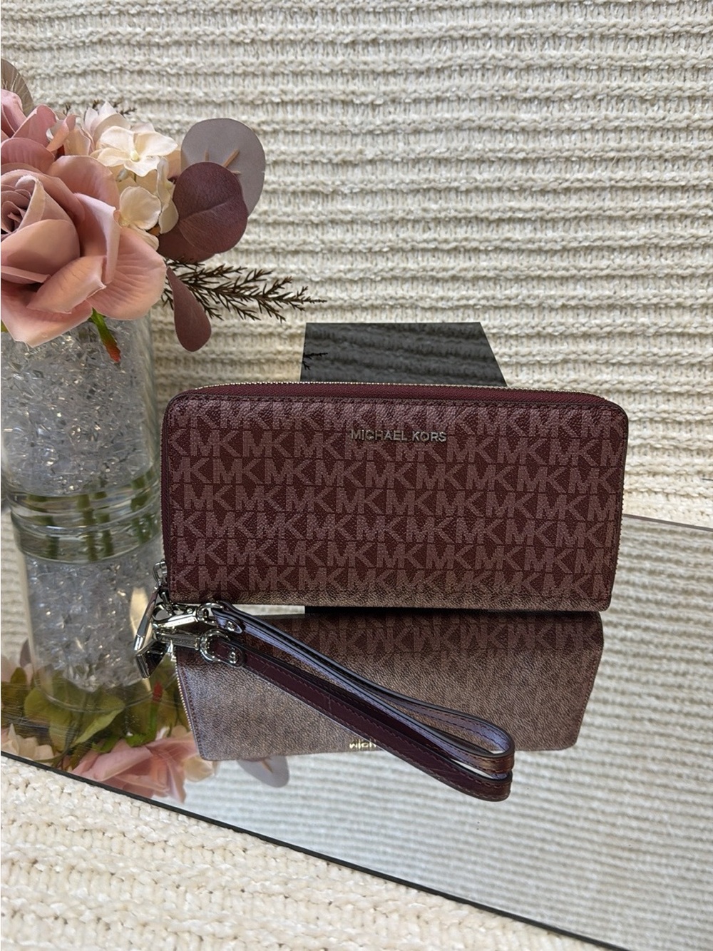 Michael Kors Maroon Logo Zip Wristlet
